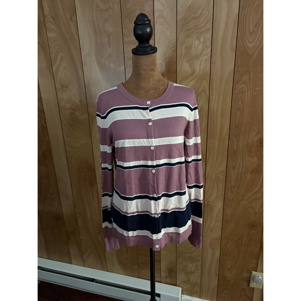 Ann Taylor Factory Striped Cotton Cardigan Mauve‎ Pink Navy Blue Cream Womens M